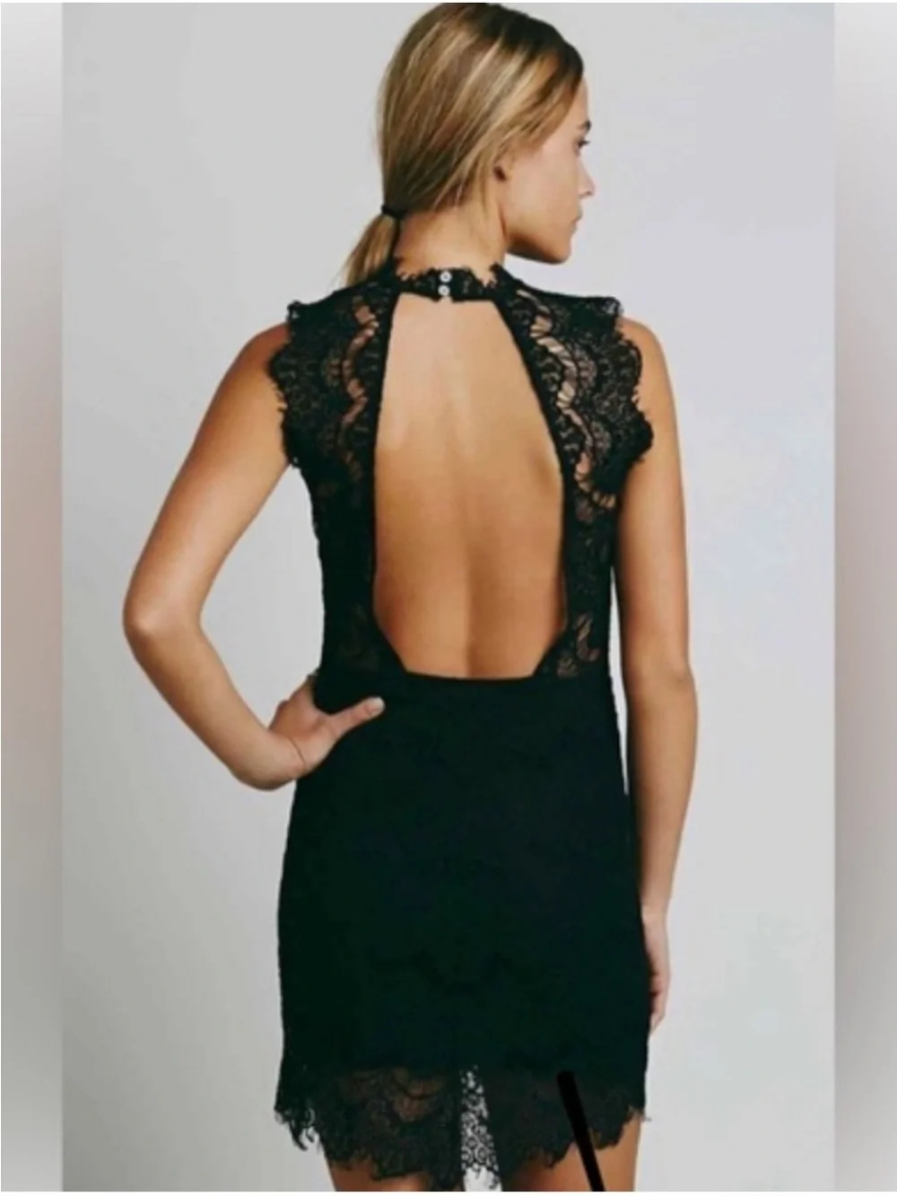 Free People Cotton Black Lace High-Neck Open-Back Mini Dress - Picture 2 of 7